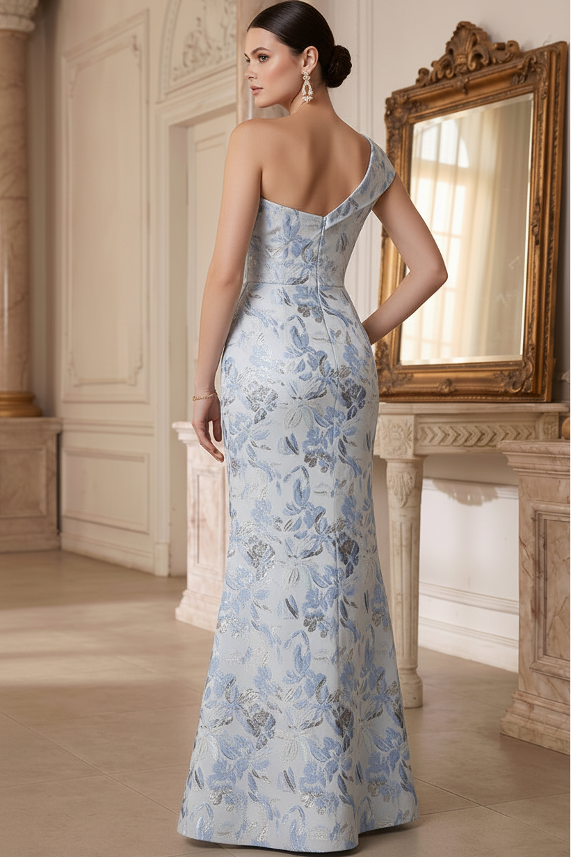 One-Shoulder Metallic Jacquard Evening Gown