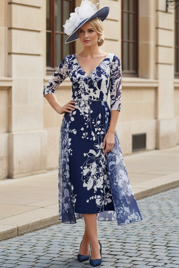 Floral Jacquard Midi Dress with Chiffon Overskirt