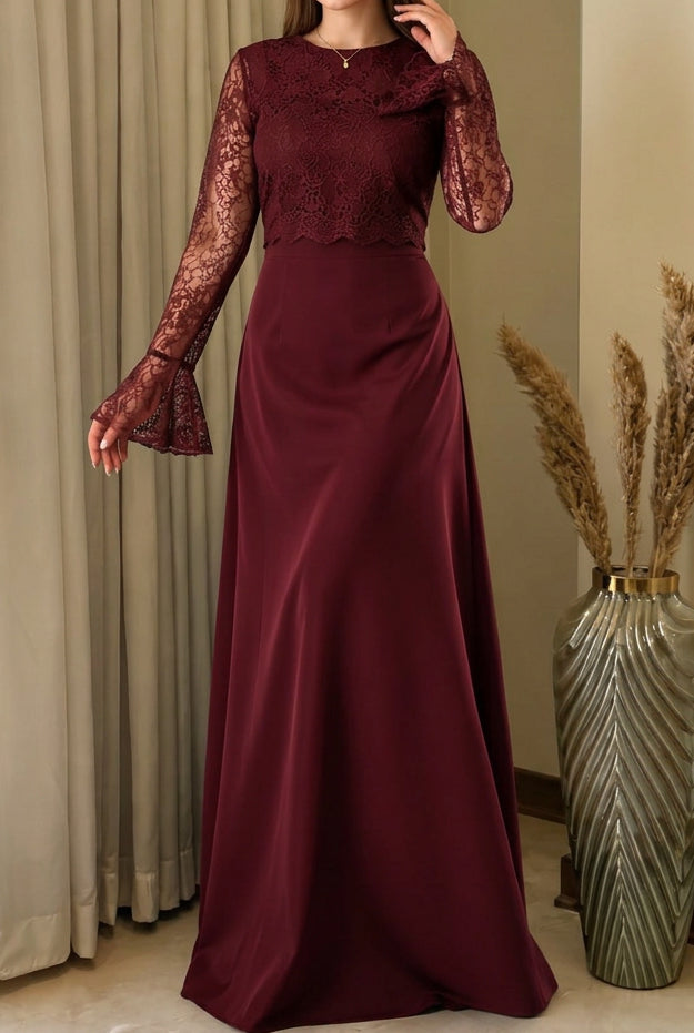 Lace Bodice Maxi Evening Dress with Bell Sleeves