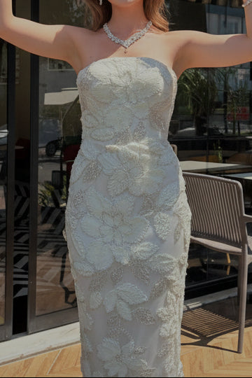 Strapless 3D Floral Applique Column Evening Gown