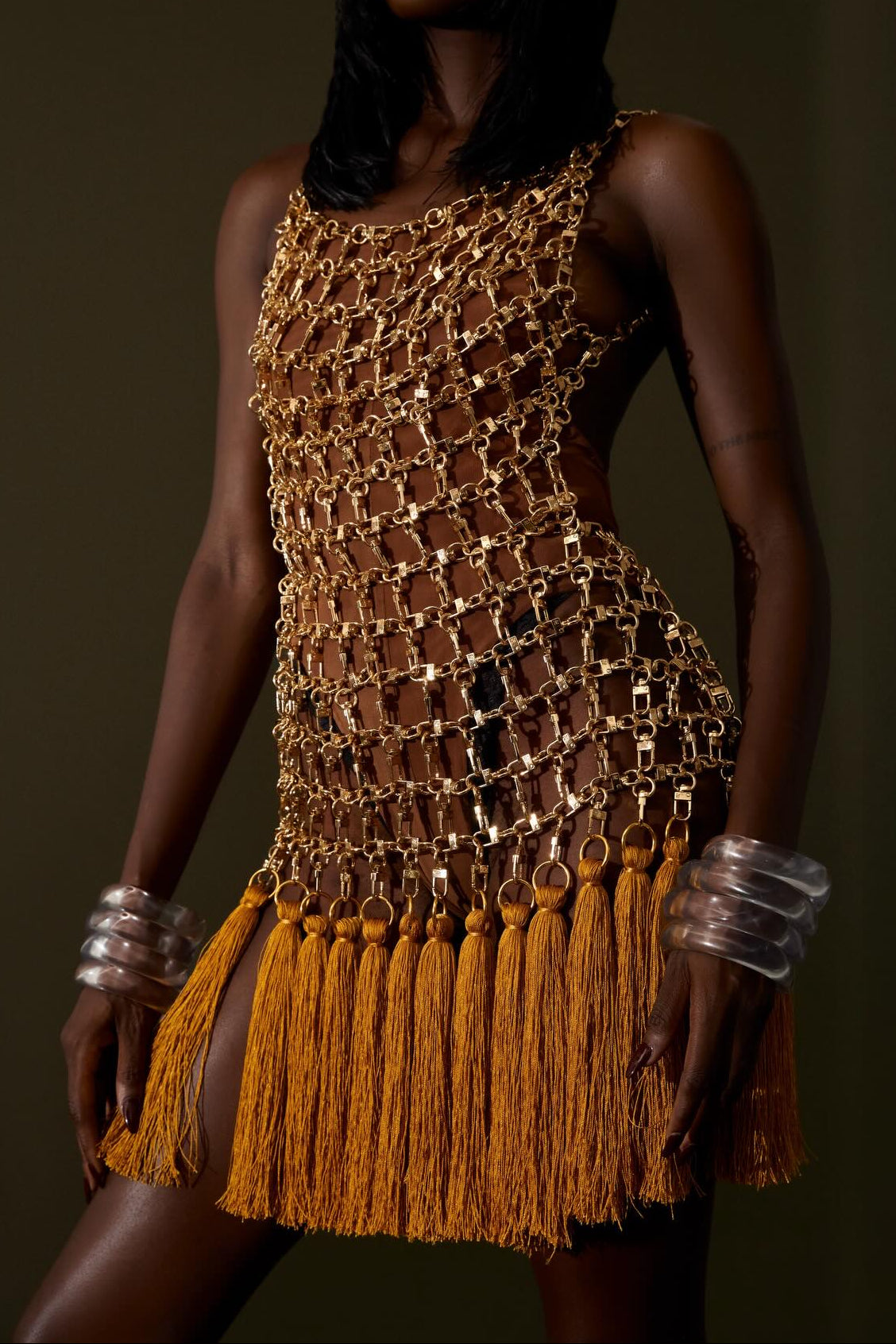 Open Back Chain Link Tassel Fringe Mini Dress