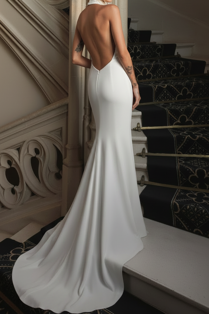 High Neck Sheath Wedding Dress with Embroidered Cutouts