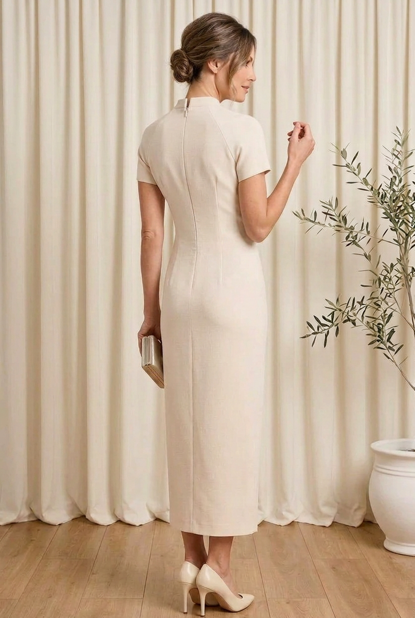 Embroidered Sheath Dress with Split Mandarin Collar
