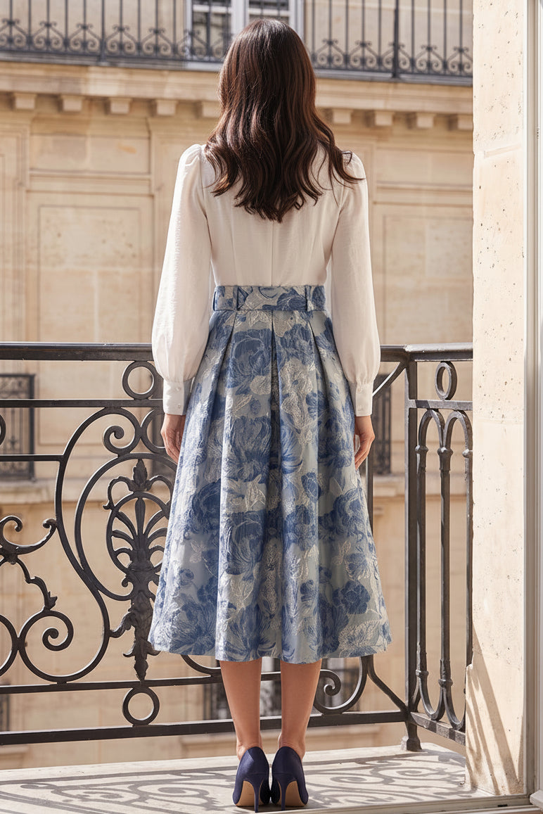 V-Neck Long Sleeve Midi Jacquard A-Line Dress