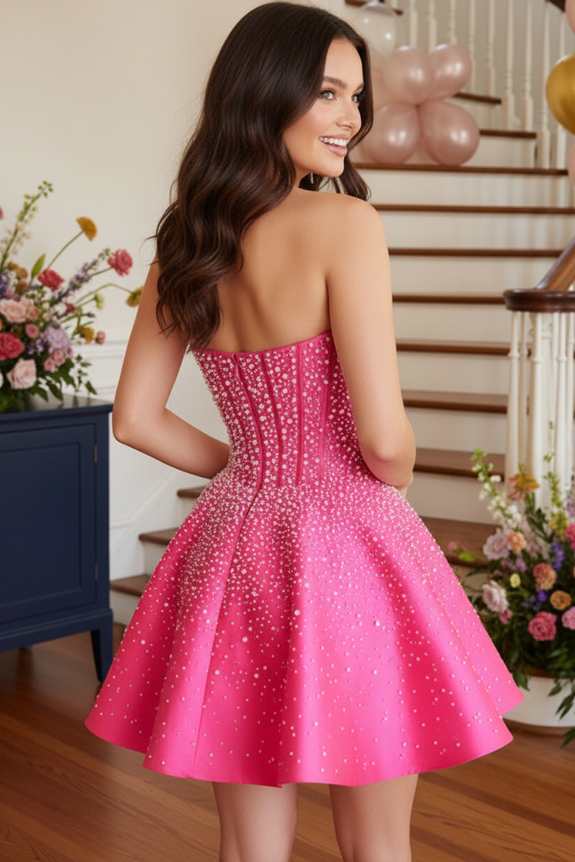 Strapless Corset Pearl Embellished Satin Mini Dress
