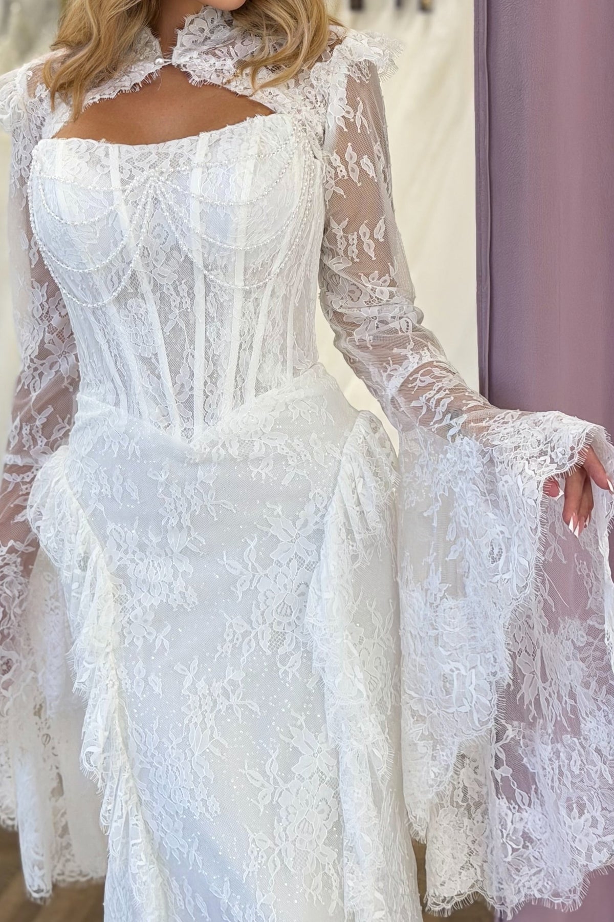 Lace Bell Sleeve Corset Wedding Dress