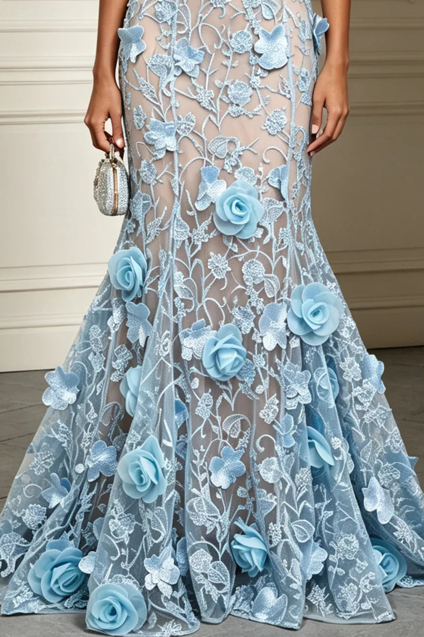 One-Shoulder 3D Floral Applique Mermaid Gown