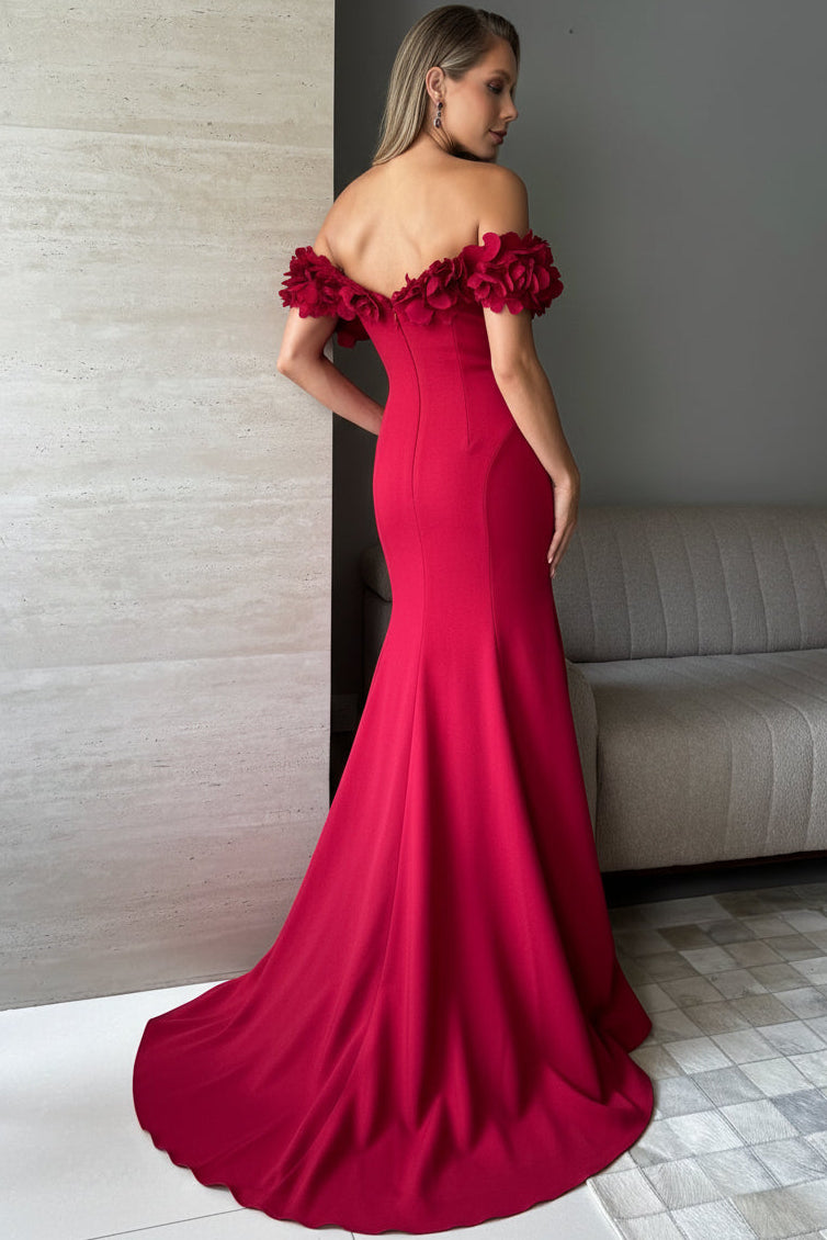 Off-the-Shoulder 3D Floral Crepe Trumpet Gown