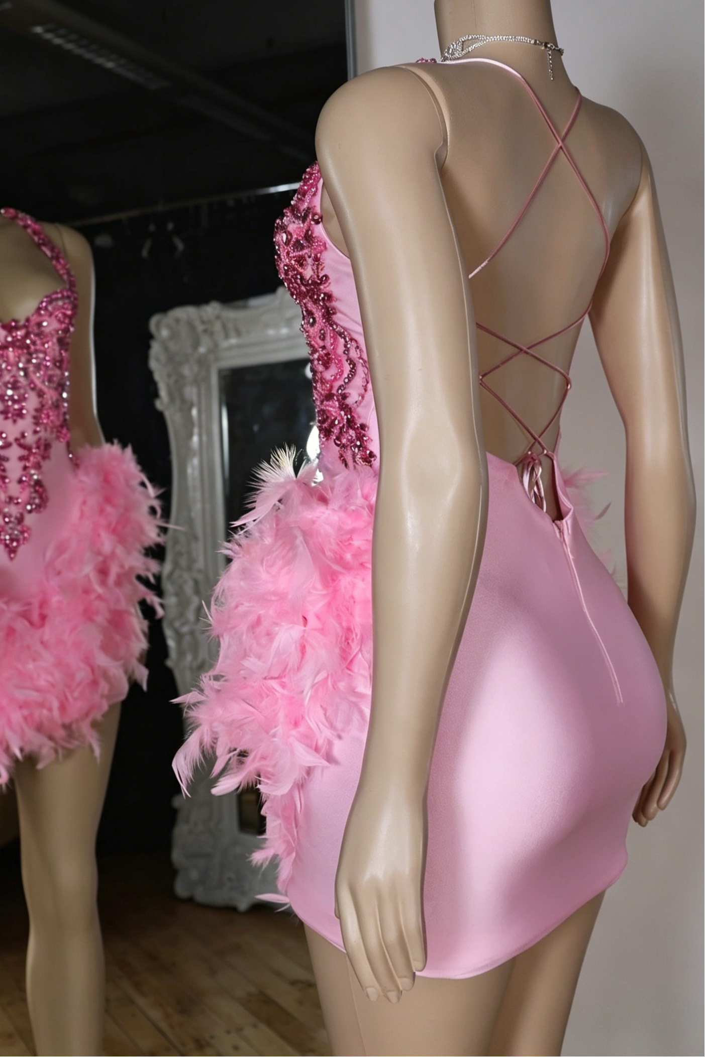 Beaded Halter Mini Dress with Feathers