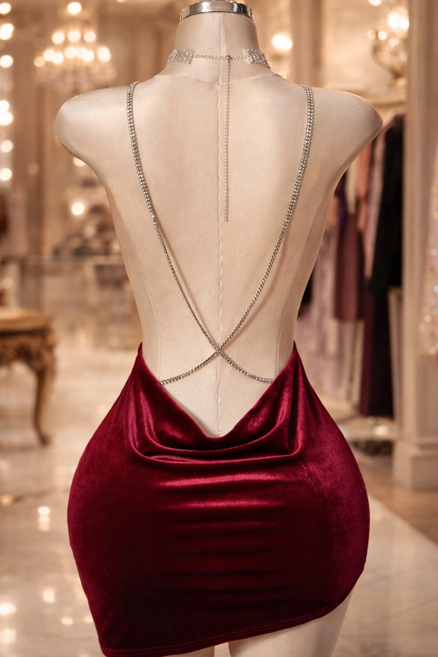 Velvet Cowl Neck Mini Dress with Chain Straps