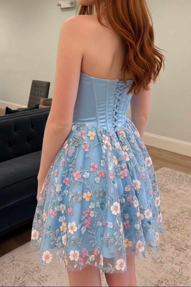 Strapless Corset Mini Dress with 3D Floral Skirt