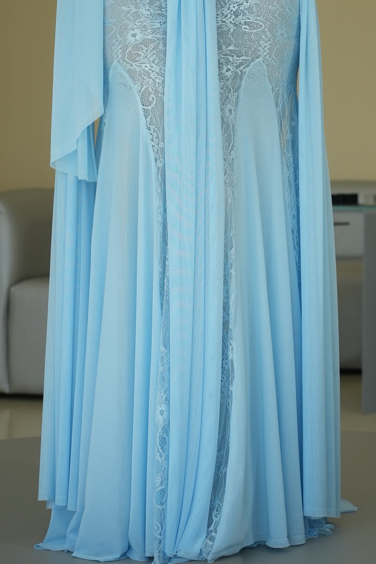 Halter Neck Draped Lace Overlay Evening Gown