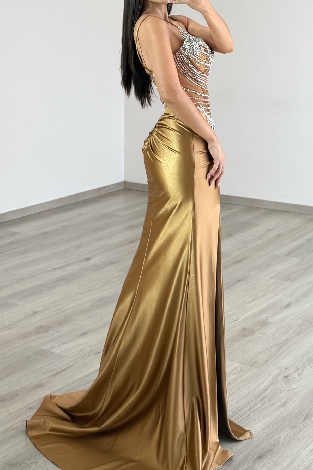 Rhinestone Corset Gown with Slit and Train