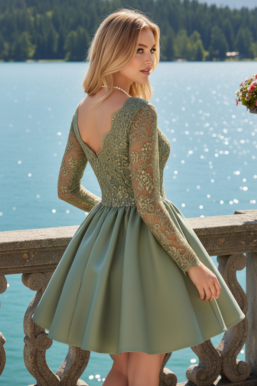 Lace Applique Long-Sleeve Mini Dress with Full Satin Skirt