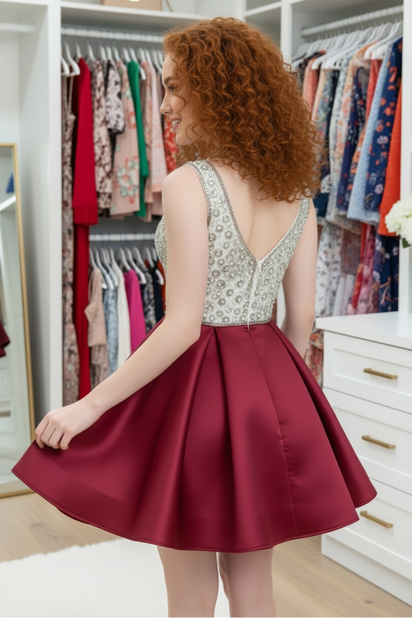 Beaded Plunging Neck Pleated Satin Mini Dress