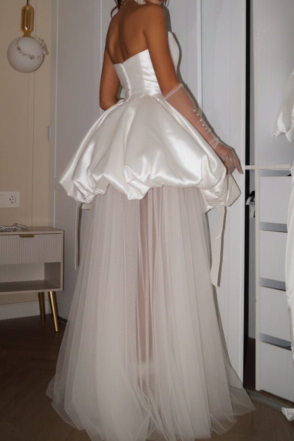 Strapless Bubble Skirt Gown with Sheer Tulle