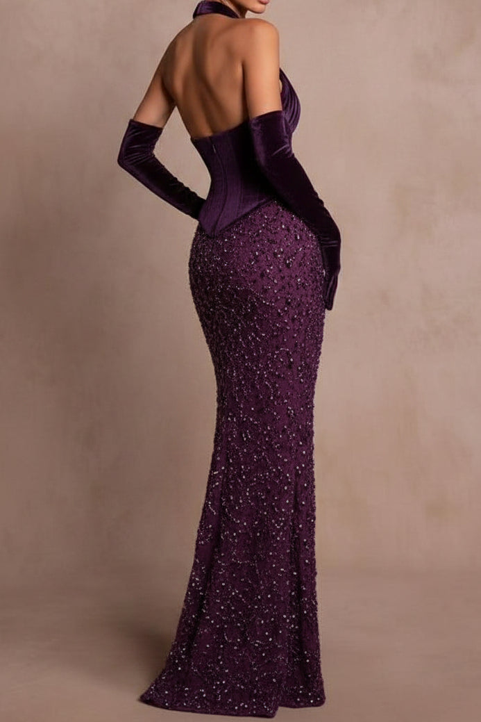 Crisscross Halter Keyhole Sequin Mermaid Gown
