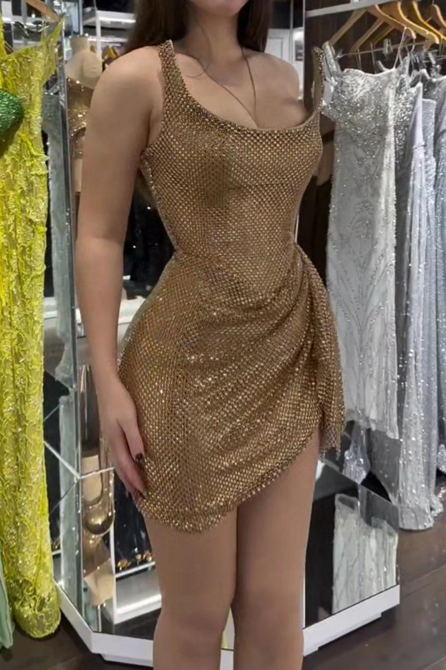 Draped Rhinestone Mesh Corset Mini Dress