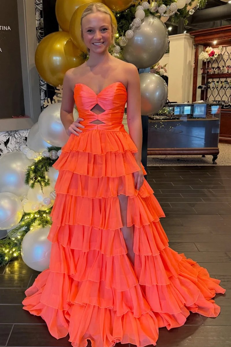Sweetheart Off-Shoulder Sleeveless Chiffon Pleated High Slit Tiered A-Line Prom Dress