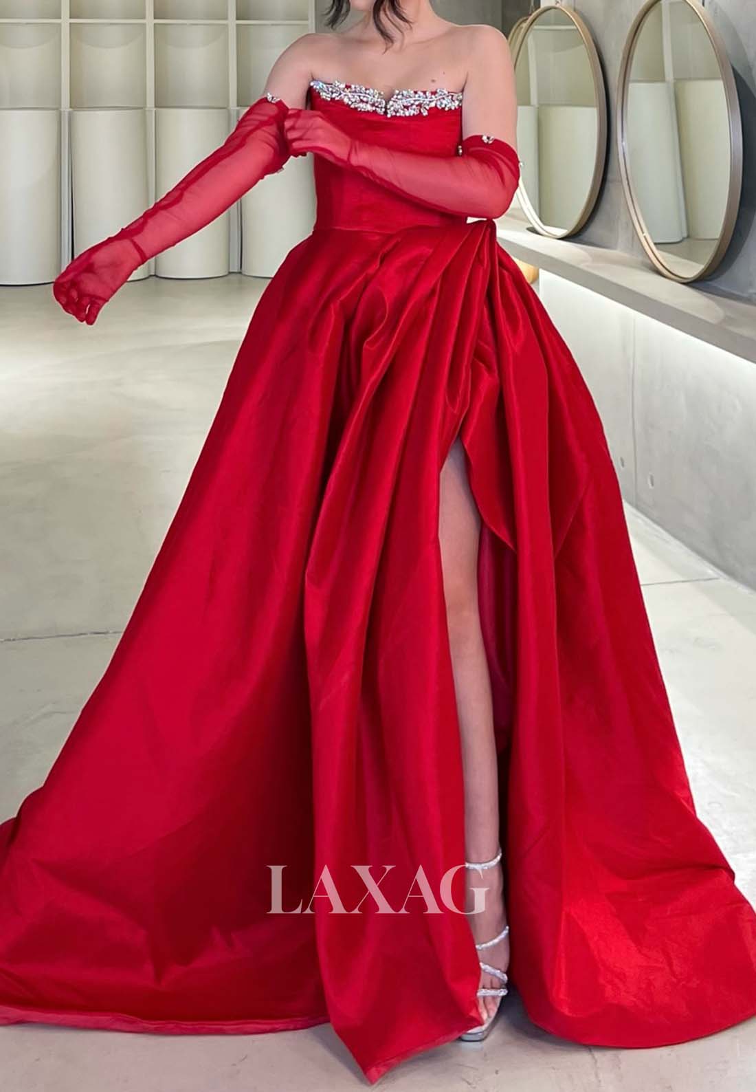 Beaded Tube Top Off-Shoulder Pleated Formal Gowns High Slit A-Line Eve Laxag Beaded Tube Top Off-Shoulder Pleated Formal Gowns High Slit A-Line Eve Laxag