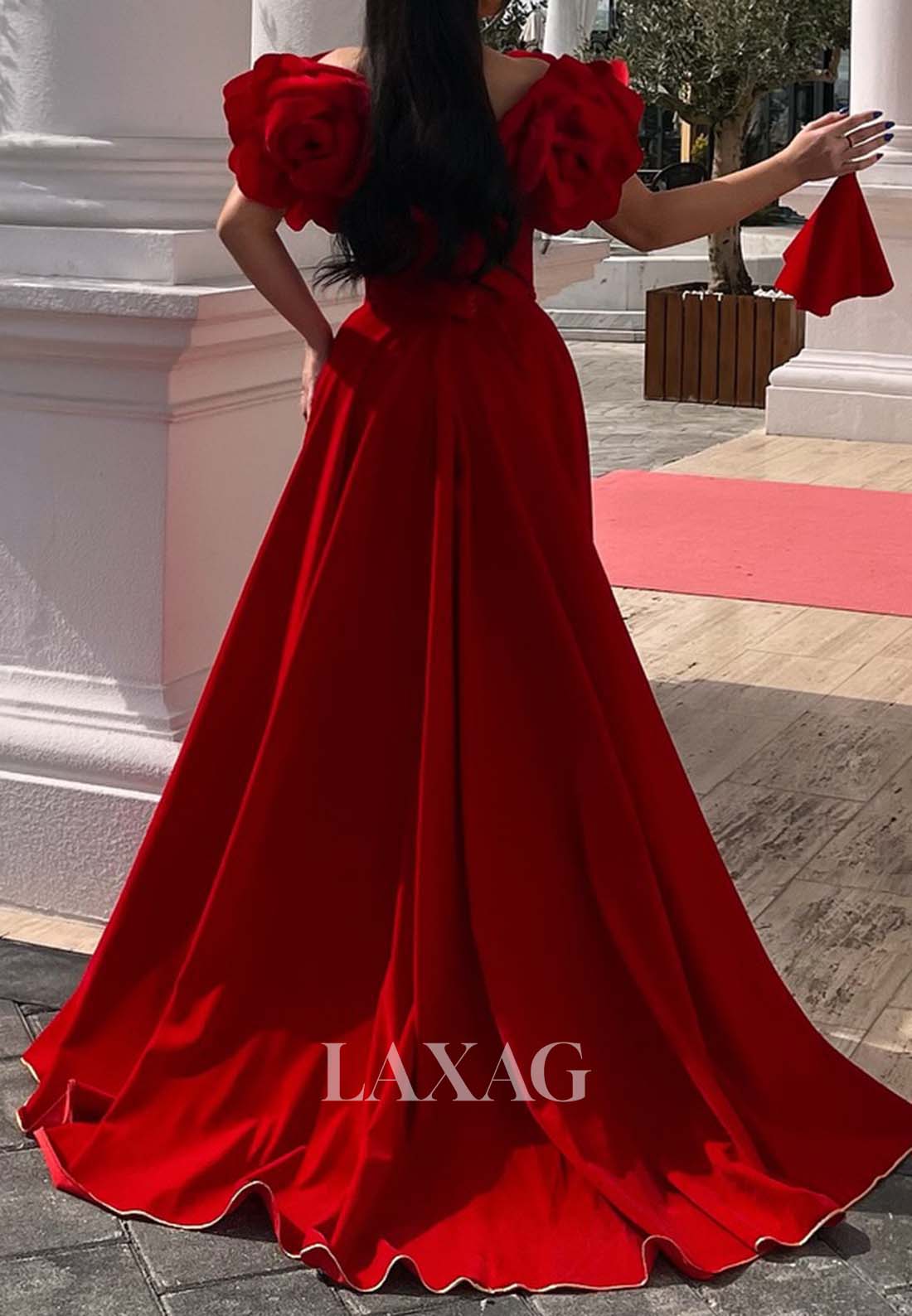 فستان سهرة مطوي بدون أكمام بفتحة رقبة على شكل حرف V وقصة A وذيل طويل من الساتان المزخرف بالزهور