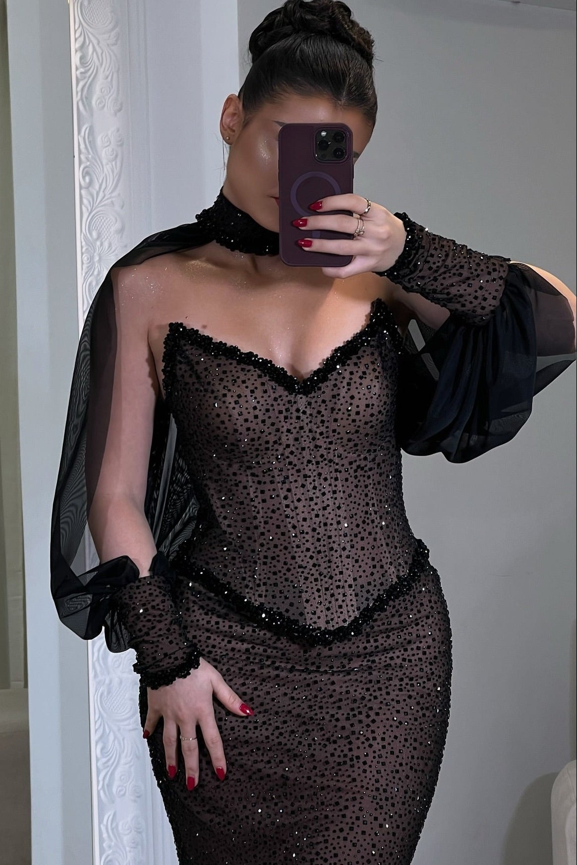 Sweetheart Long-Sleeves Fully Sequined Beaded Tulle Pleated Floor-Length Mermaid Prom Dress