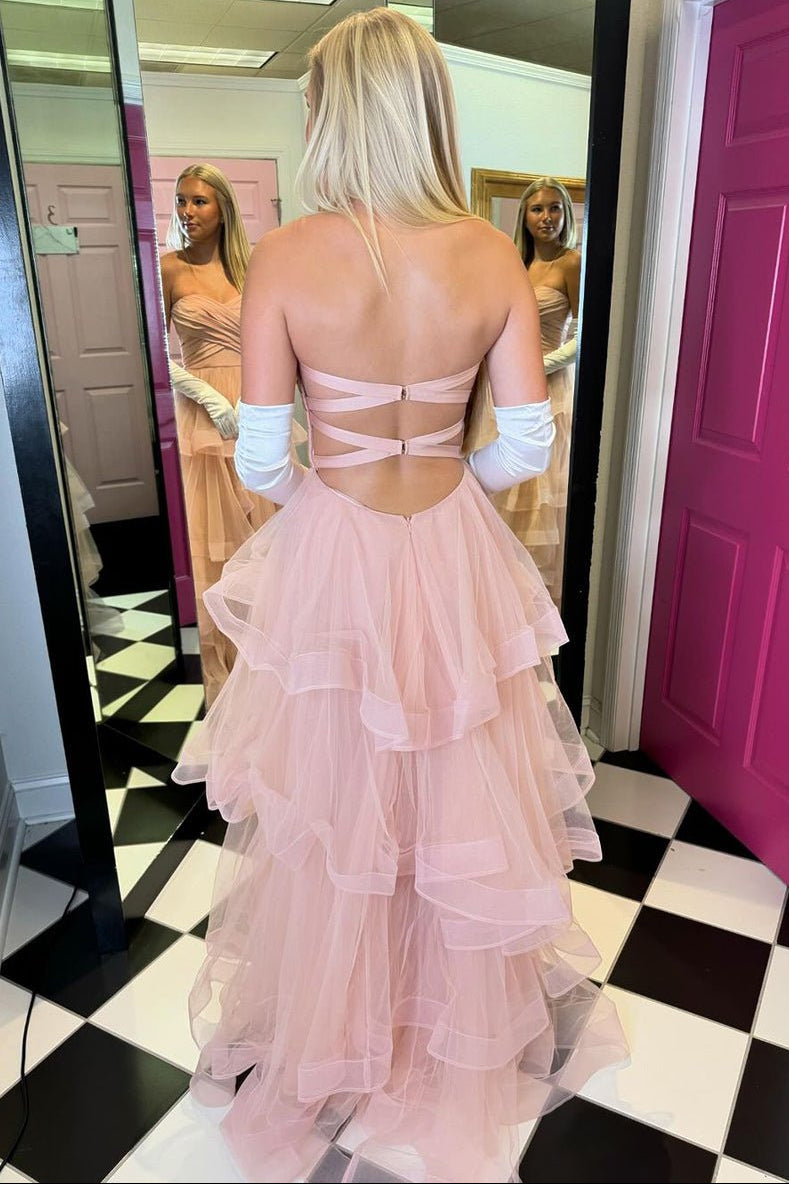 A-Line Strapless Sweetheart Sleeveless Pleated Tulle Tiered Simple Prom Dress with Gloves