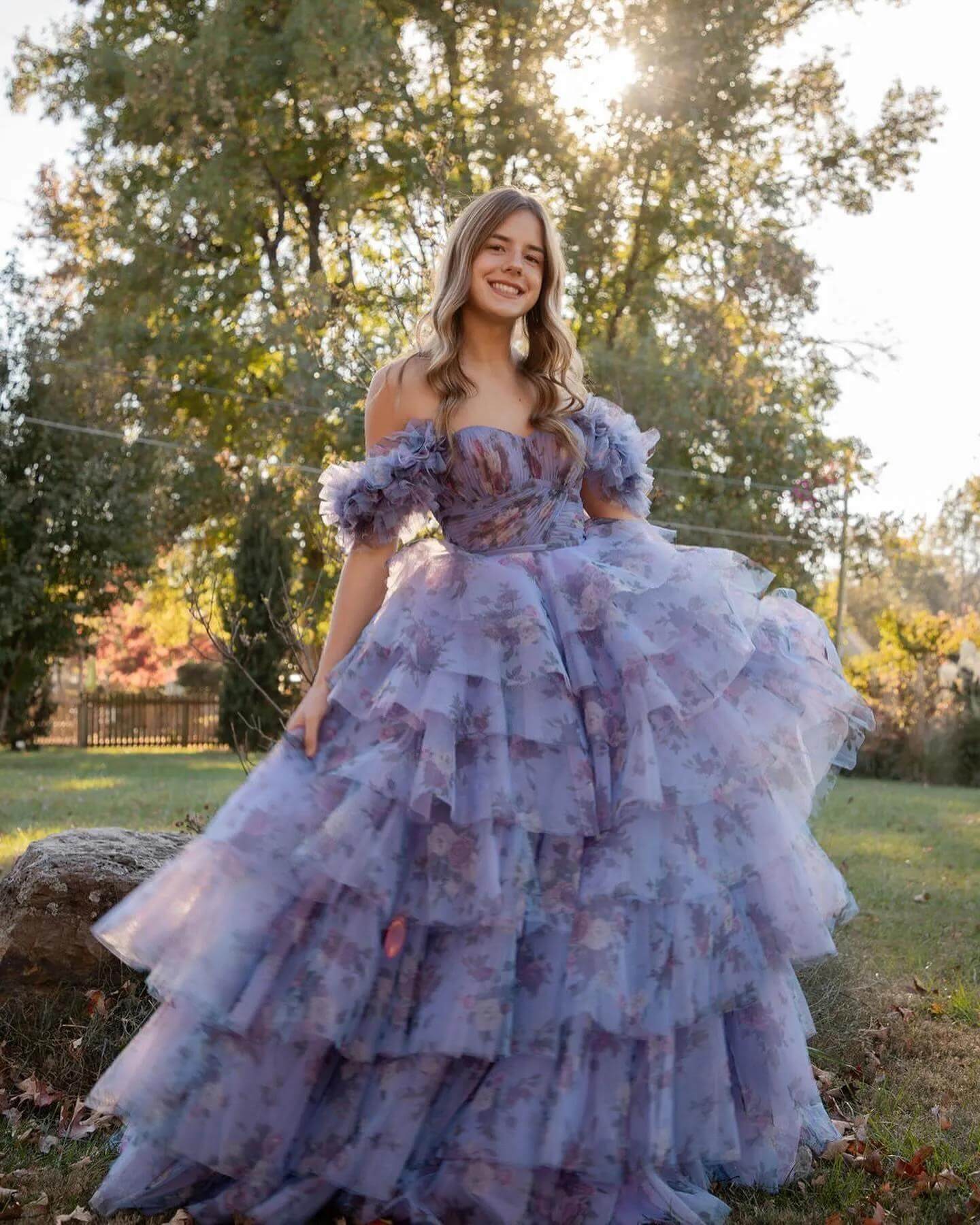 Bateau-Neck Off-Shoulder Sleeveless Floor-Length Print-Tulle Pleated Tiered A-Line Prom Dress