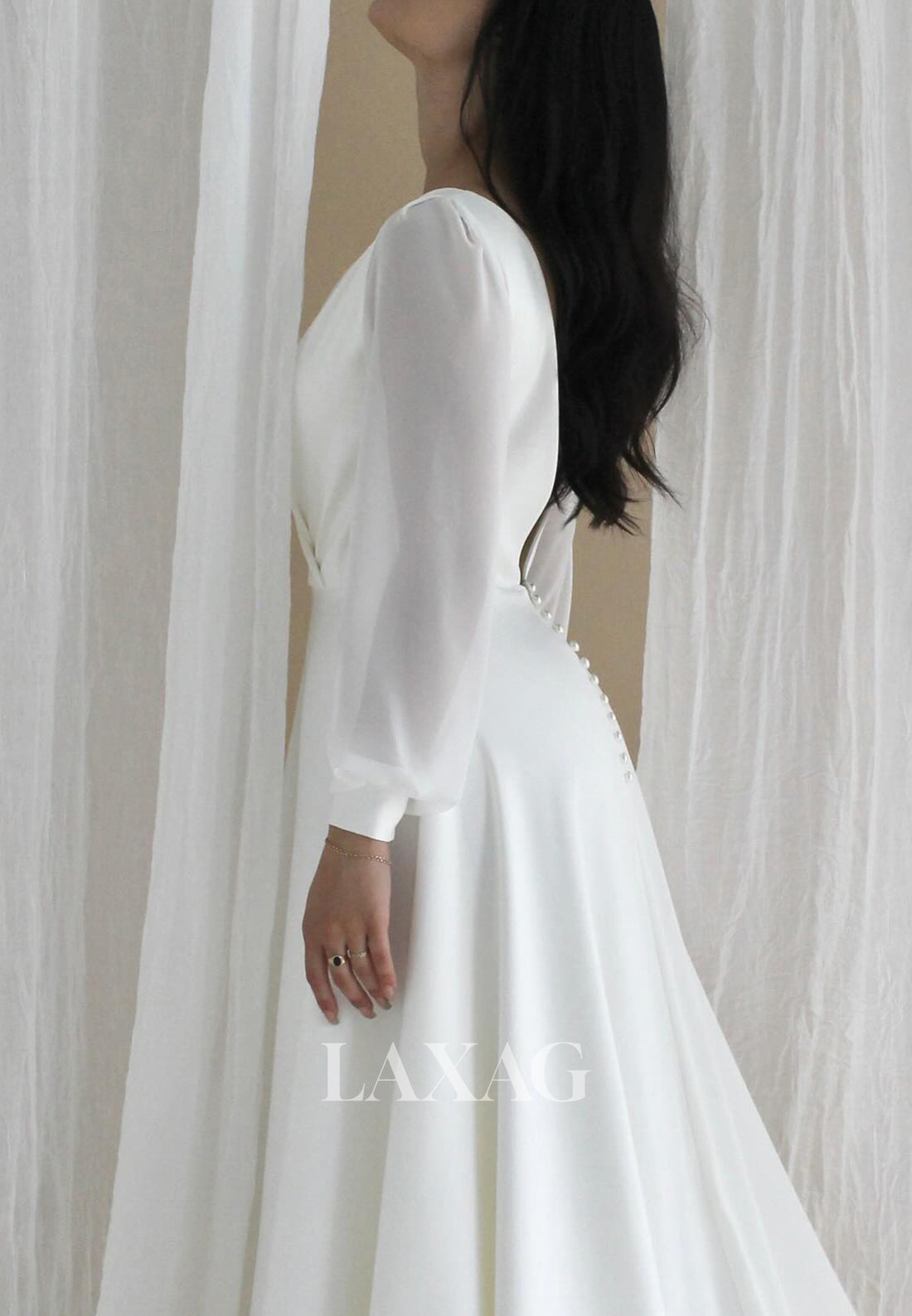 Deep V-Neck Long-Sleeves A-Line Wedding Dress Simple Pleated Chiffon Sweep Train Bride Gowns