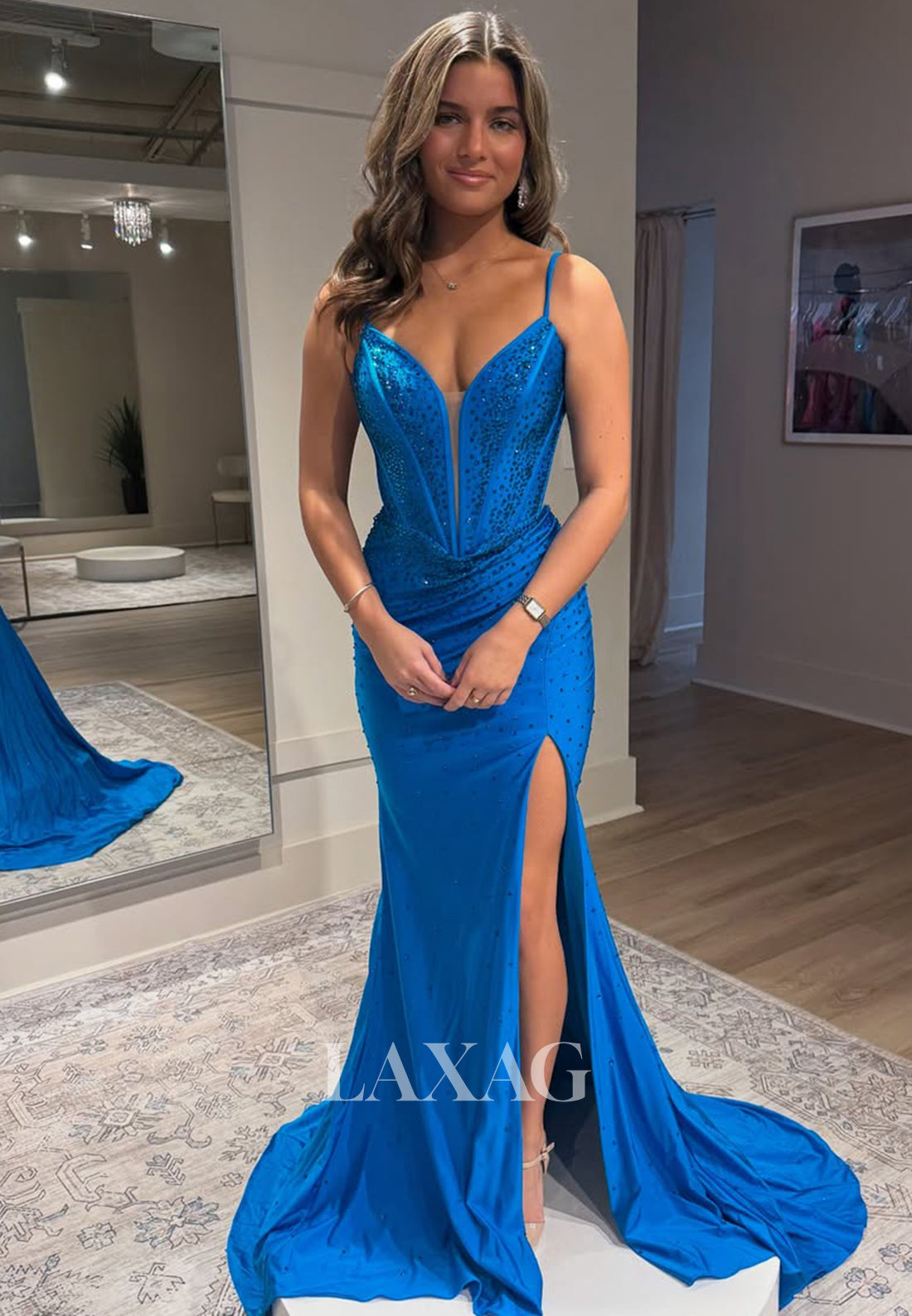 Spaghetti Straps Deep V-Neck Sleeveless Party Gowns Beaded Pleated Sat Laxag Spaghetti Straps Deep V-Neck Sleeveless Party Gowns Beaded Pleated Sat Laxag