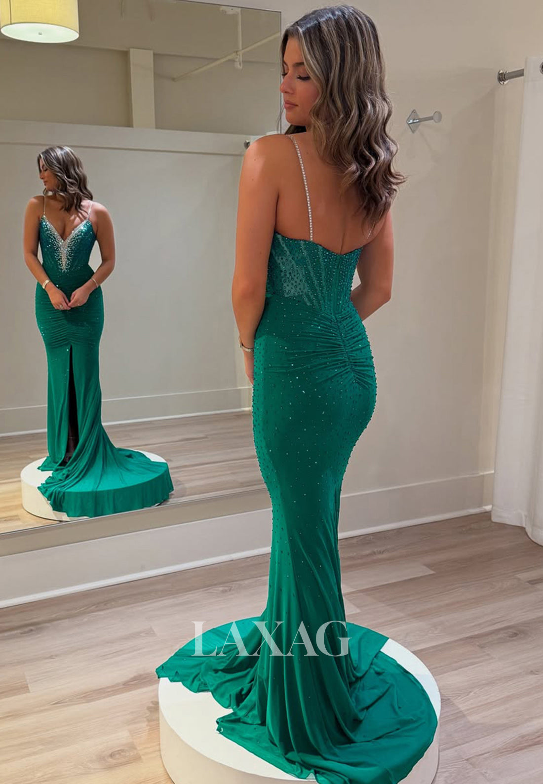 V-Neck Spaghetti Straps Off-Shoulder Sleeveless Beaded Pleated Satin Sweep Train Mermaid Prom Dress