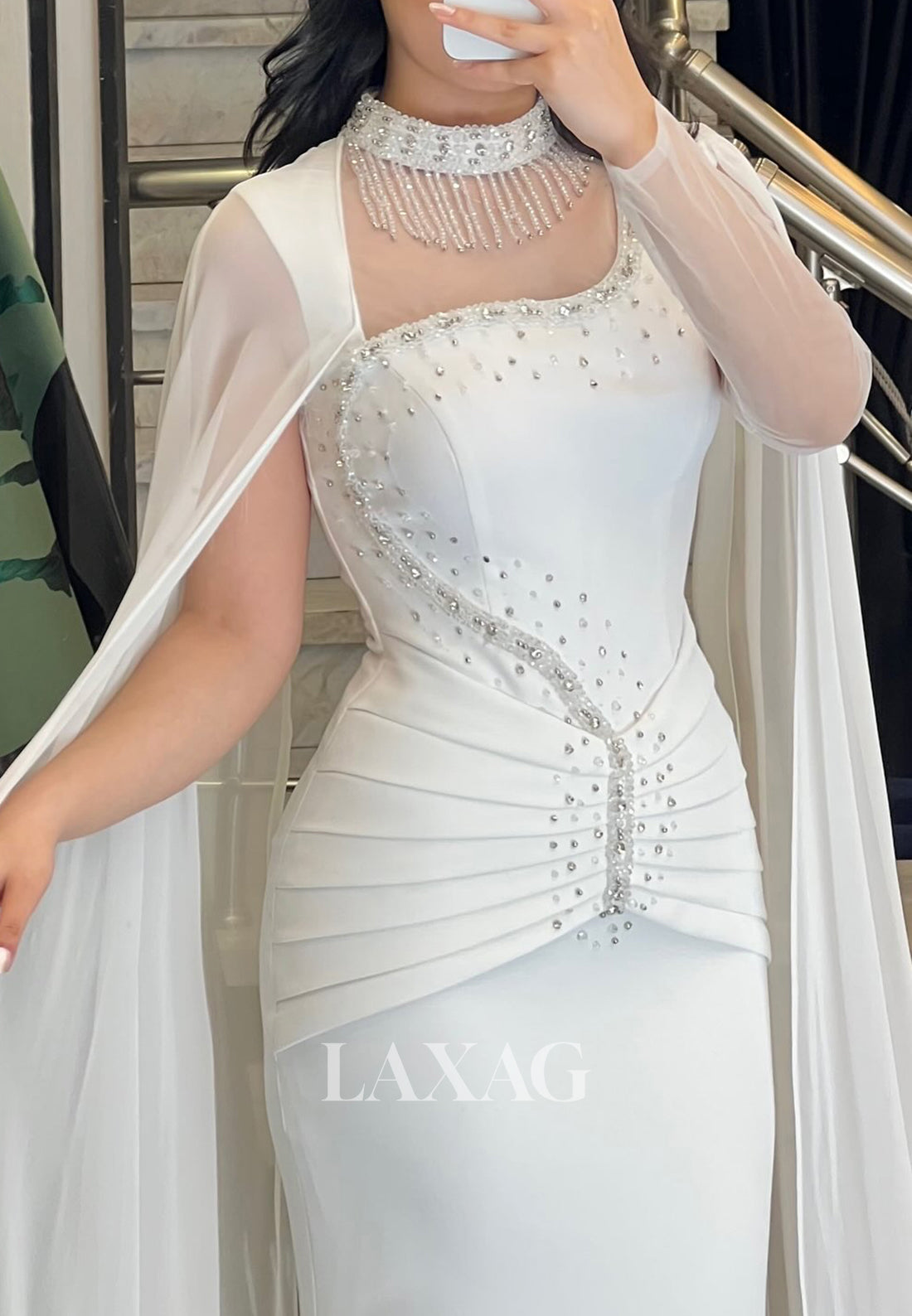 Asymmetrical-Neck Long-Sleeveless Evening Dress Beaded Pleated Chiffon Formal Gowns with Train