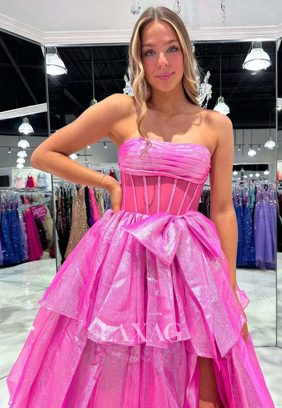 Sweetheart Off-Shoulder Sleeveless Tiered A-Line Prom Dress Pleated Glitter-Knit Party Gowns
