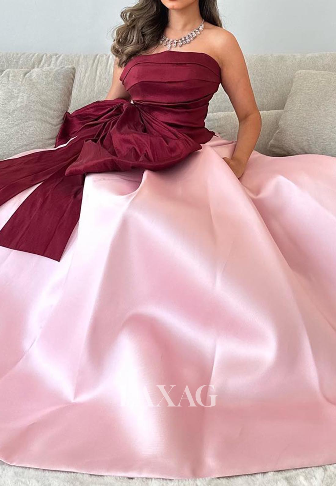 Sleeveless Off-Shoulder Pleated Satin Formal Gowns Tube Top Two Tone A-Line Evening Dress with Bows