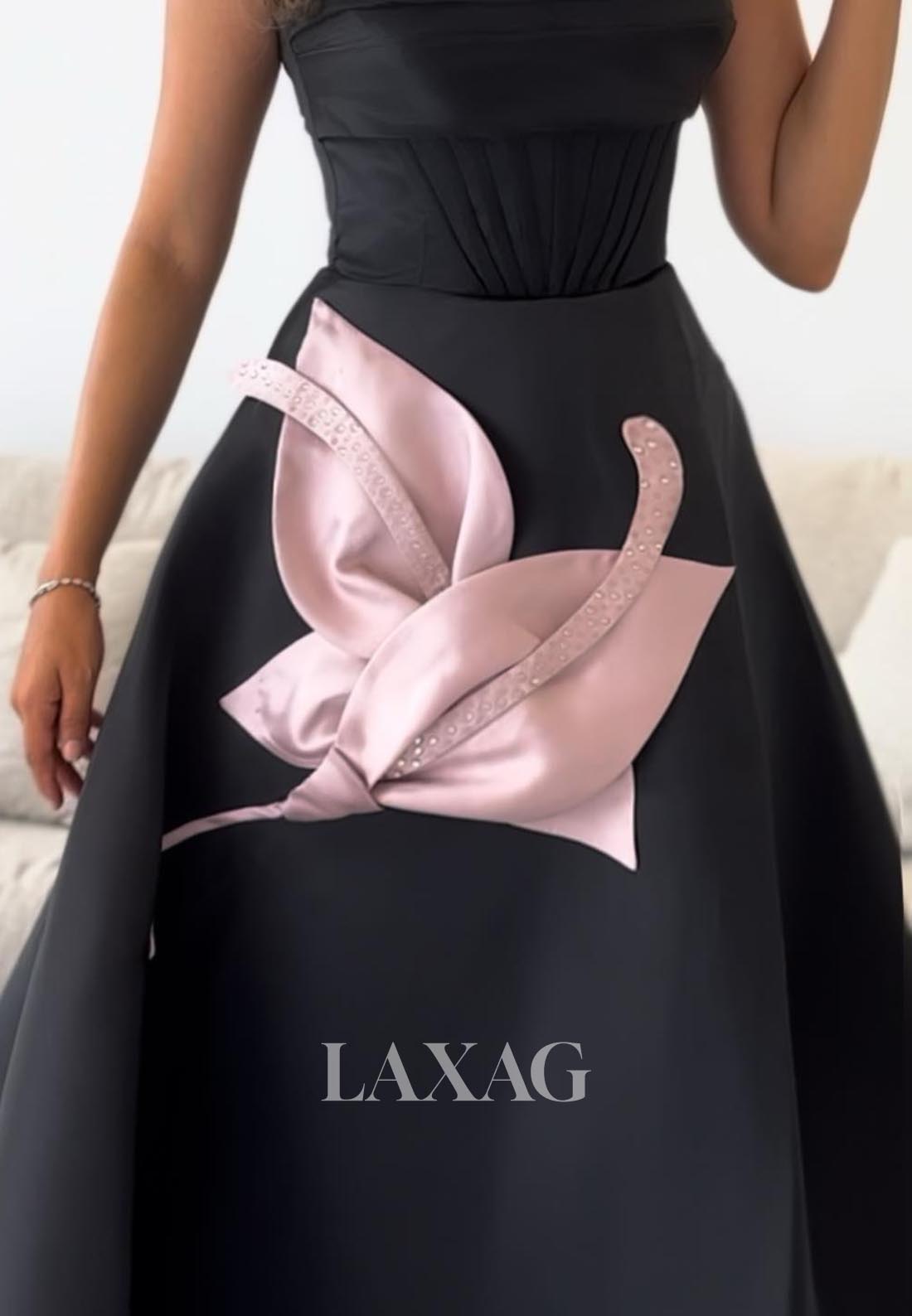 Scoop-Neck Sleeveless A-Line Evening Dress Beaded Pleated Satin Formal Gowns with Pink Embellished