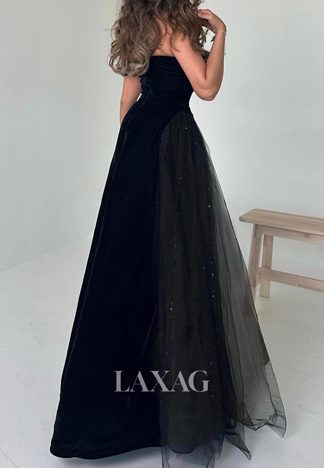 Scoop-Neck Off-Shoulder Sleeveless Pleated Floor-Length Satin&Tulle A-Line Prom Dress