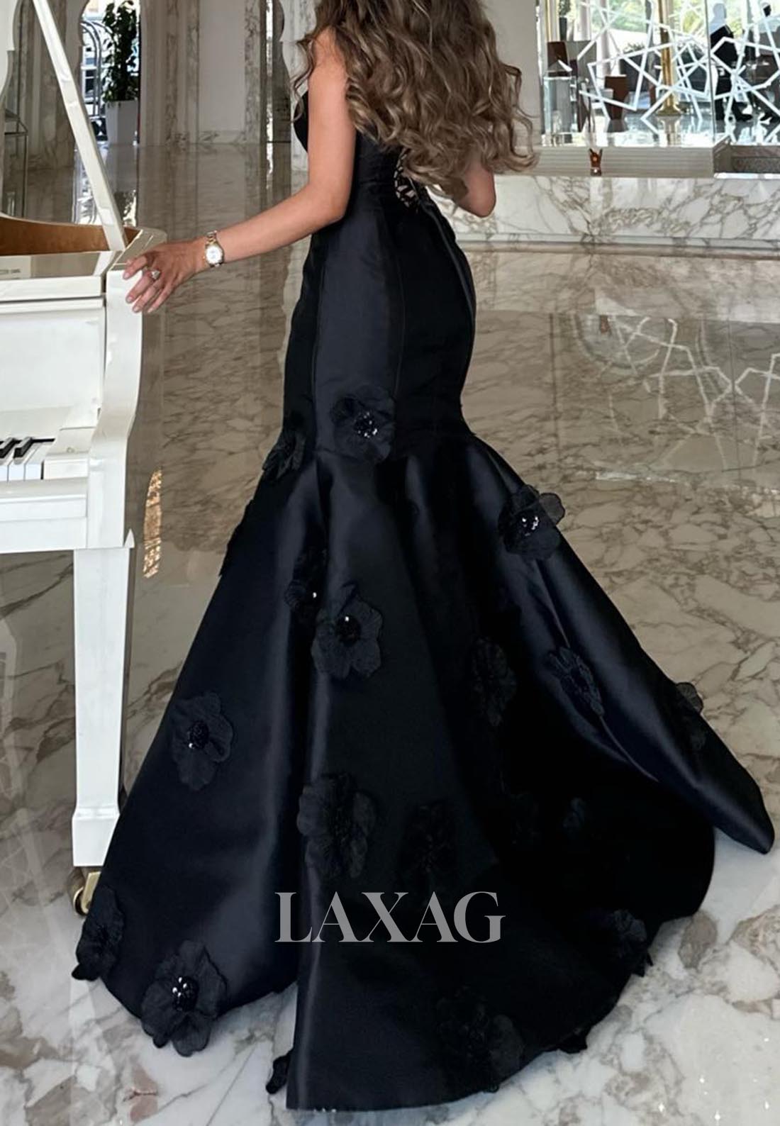 Off-Shoulder Sleeveless Satin Trumpet Mermaid Evening Dress Tube Top Floral Embellished Formal Gowns