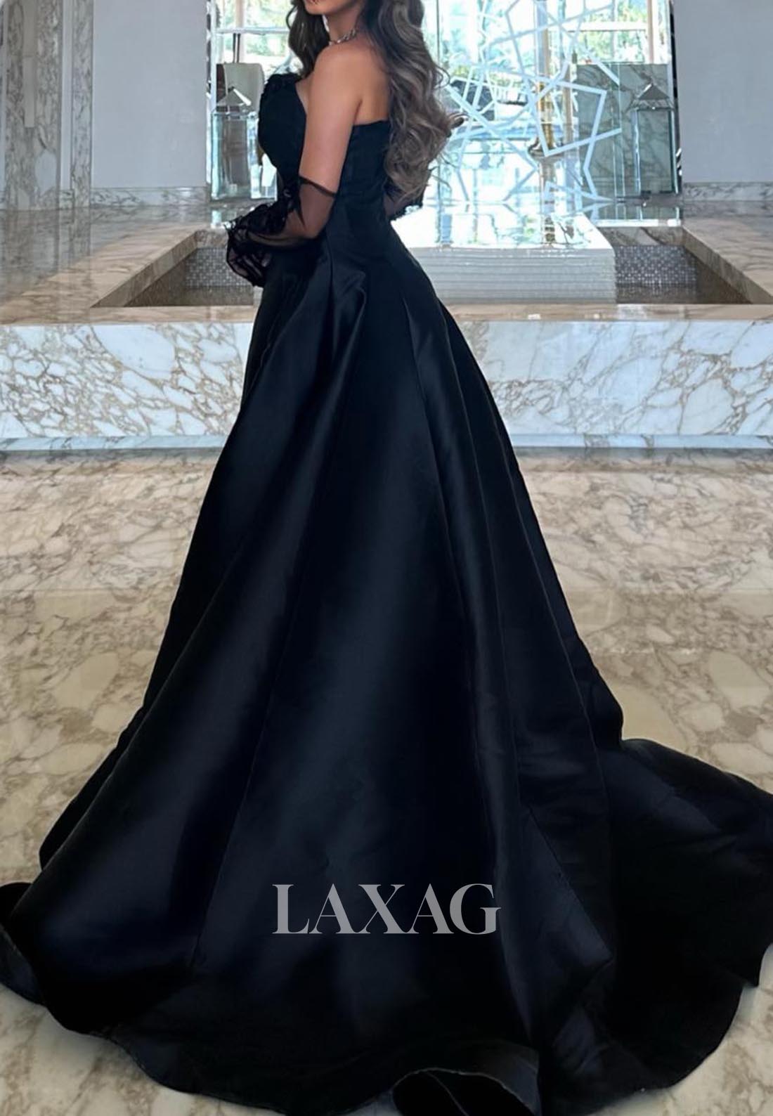 Sweetheart Sleeveless Off-Shoulder Sequined Pleated Satin A-Line Evening Dress with Tulle Gloves