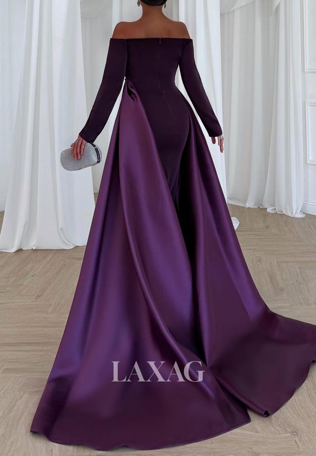 Simple Off-Shoulder Long-Sleeves Beaded Satin Ankle-Length Mermaid Evening Dress with Overlay