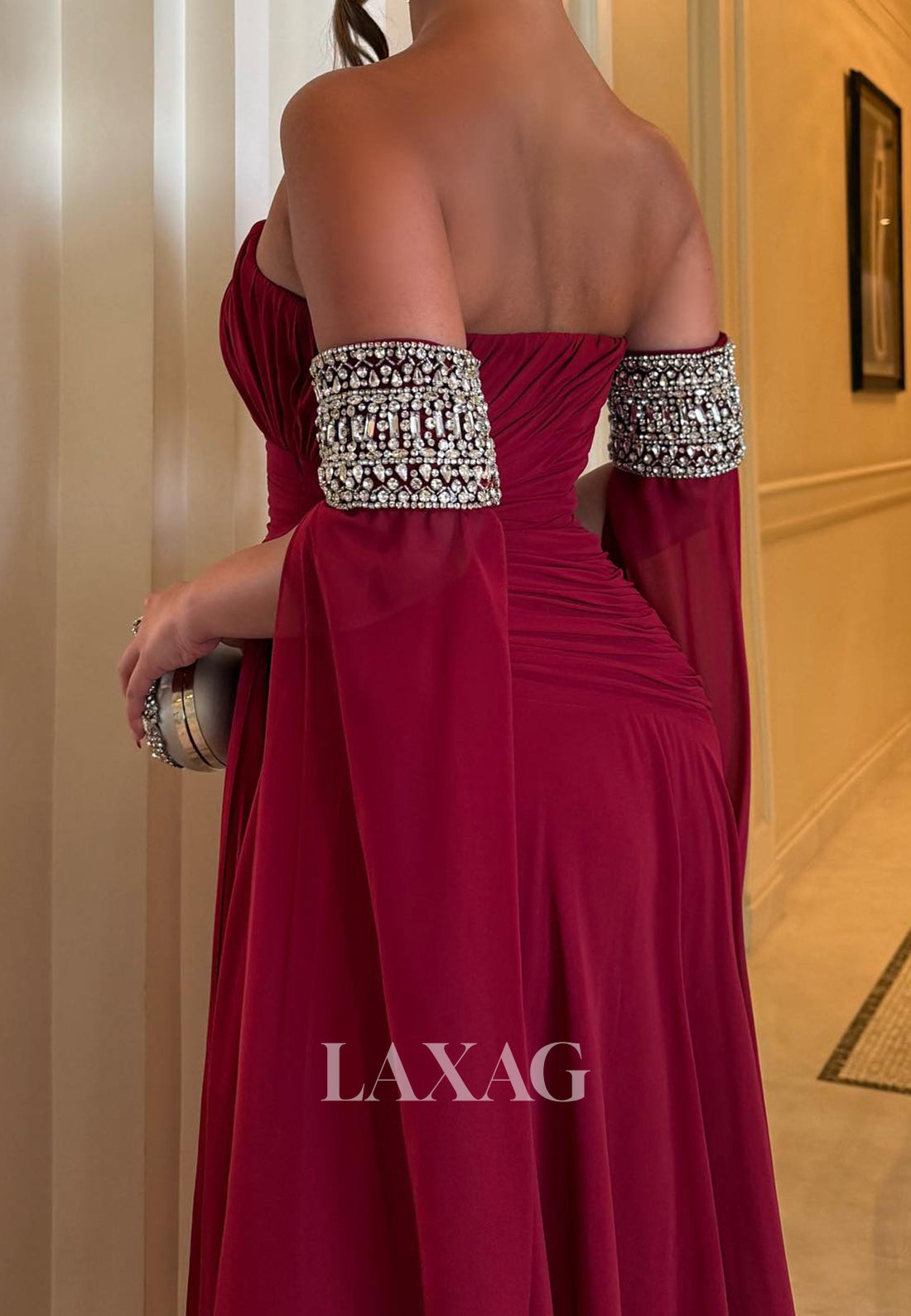 Sweetheart Sleeveless Beaded Formal Gowns Pleated Chiffon Mermaid Evening Dress with Train