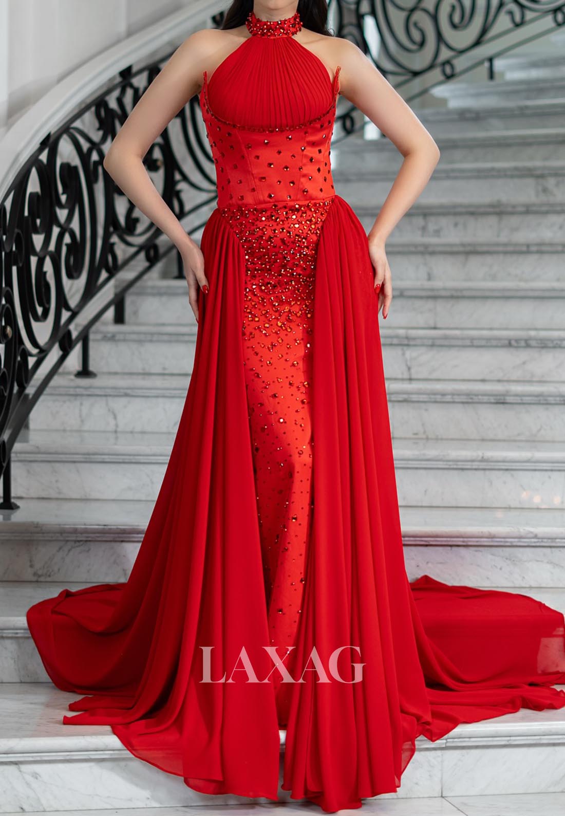 Halter-Neck Beaded Chiffon Formal Gowns Off-Shoulder Sleeveless Pleate Laxag Halter-Neck Beaded Chiffon Formal Gowns Off-Shoulder Sleeveless Pleate Laxag