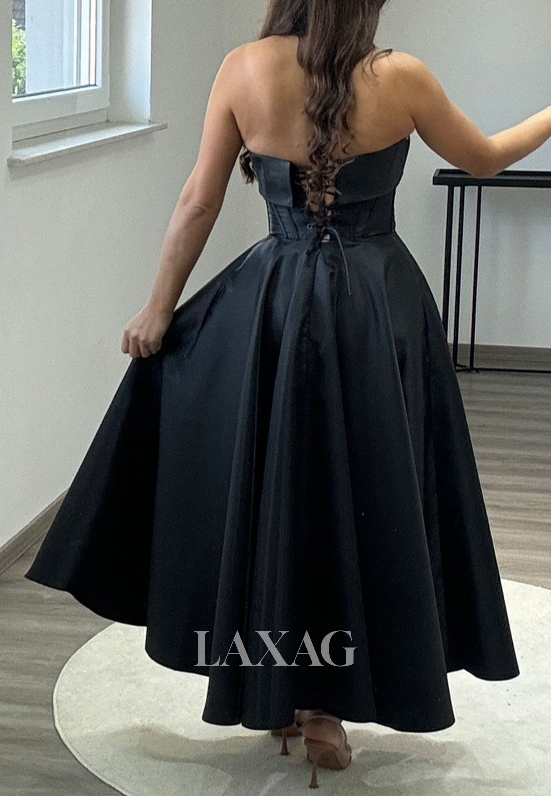 Tube Top Off-Shoulder Sleeveless A-Line Prom Dress Beaded Pleated Satin Midi Evening Gowns