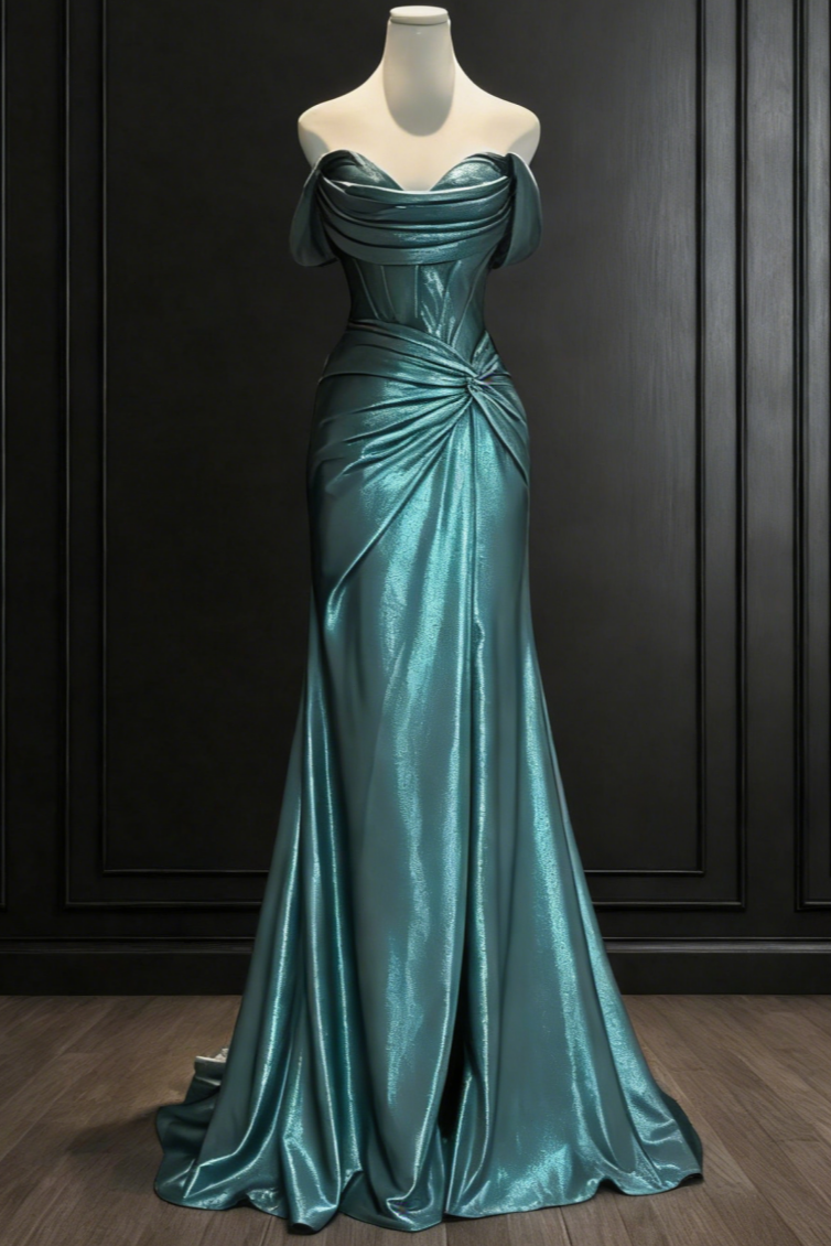 Sweetheart Off-Shoulder Sleeveless Satin Pleated Sweep Train Mermaid Prom Dress