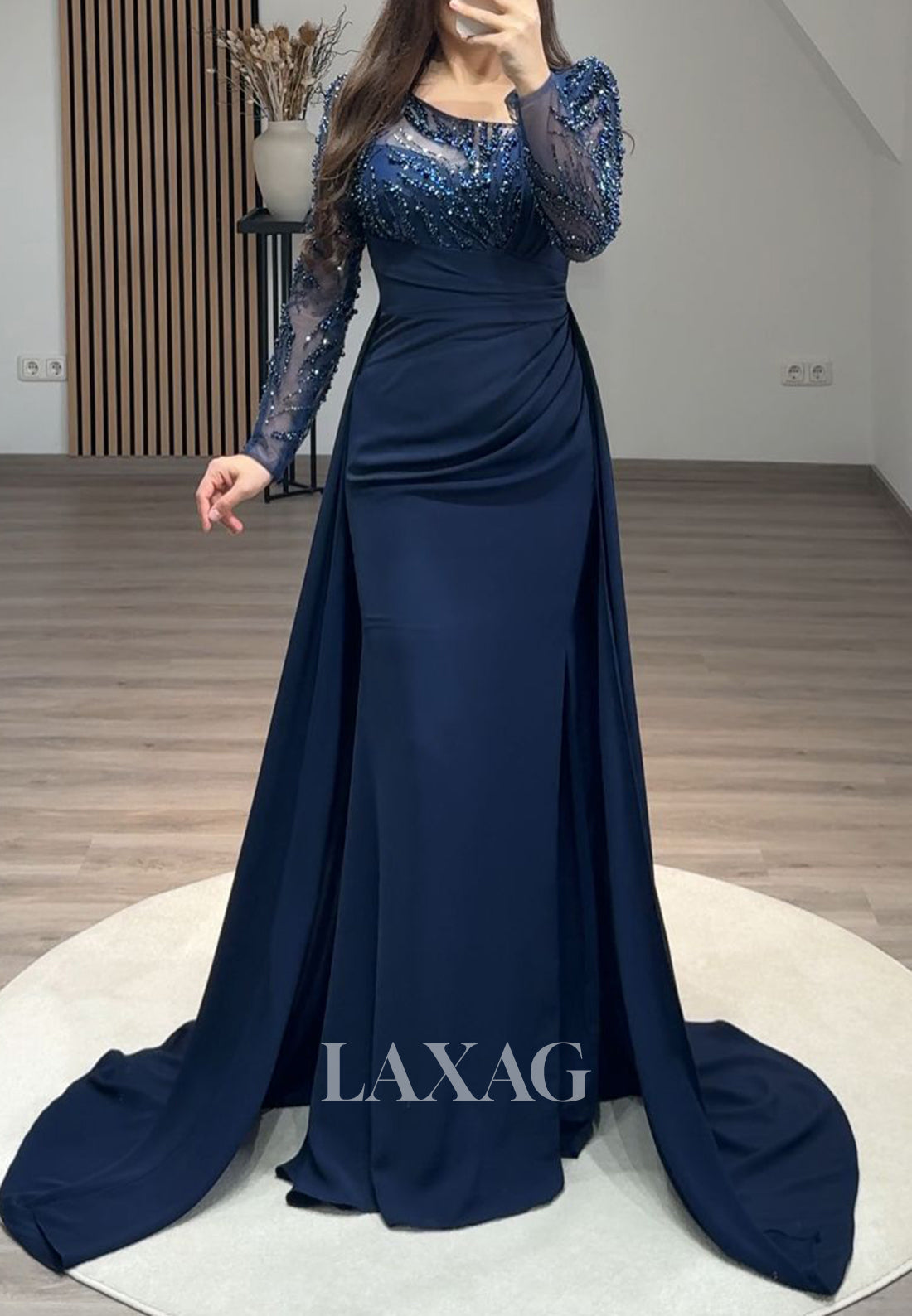 Long Sleeves Mother of the Bride Dress Beaded Sequined Pleated Satin M Laxag Long Sleeves Mother of the Bride Dress Beaded Sequined Pleated Satin M Laxag