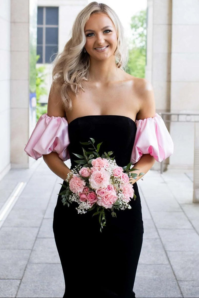 Tube Top Velvet Long Mermaid Prom Dress with Off-Shoulder Detachable Short-Sleeves Party Gowns