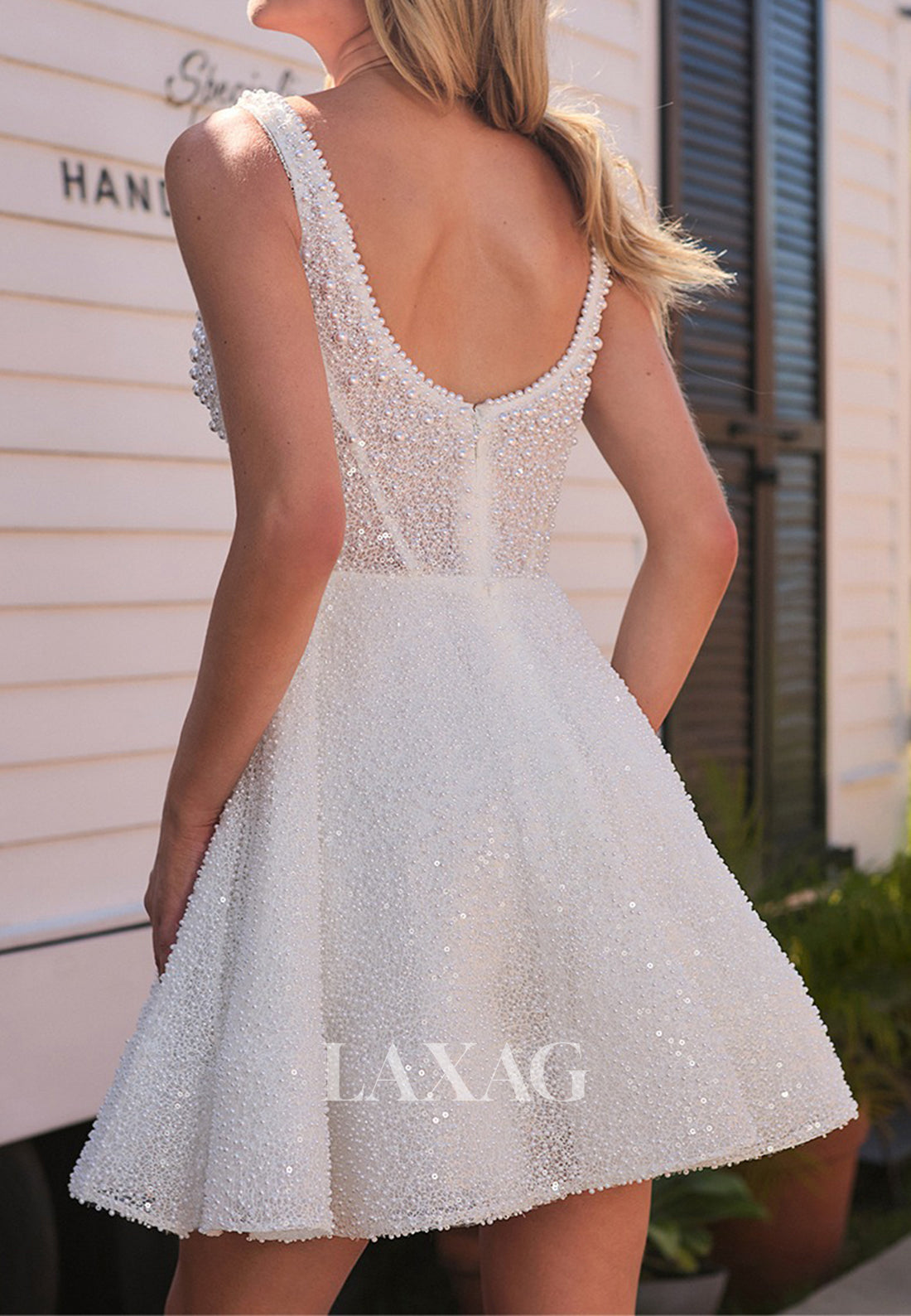 Square-Neck Straps Pleated A-Line Wedding Dress Fully Sequined Beaded Short Boho Bride Gowns