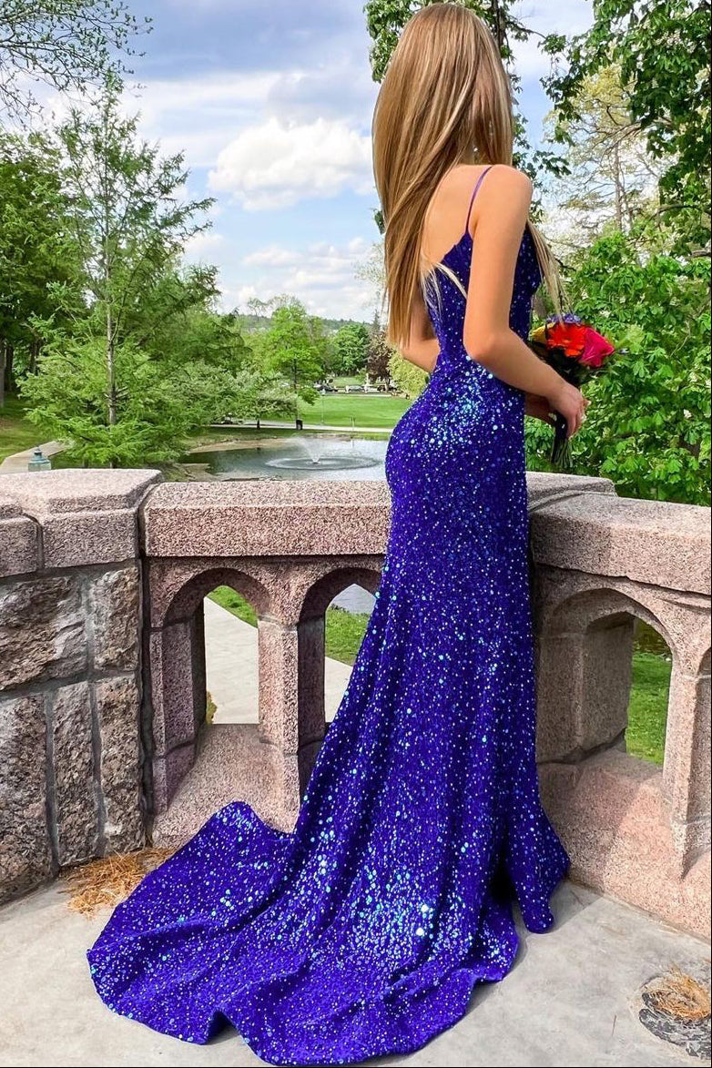 Sweetheart Spaghetti Straps Fully Sequined Beaded Mermaid Prom Dress with Sweep Train
