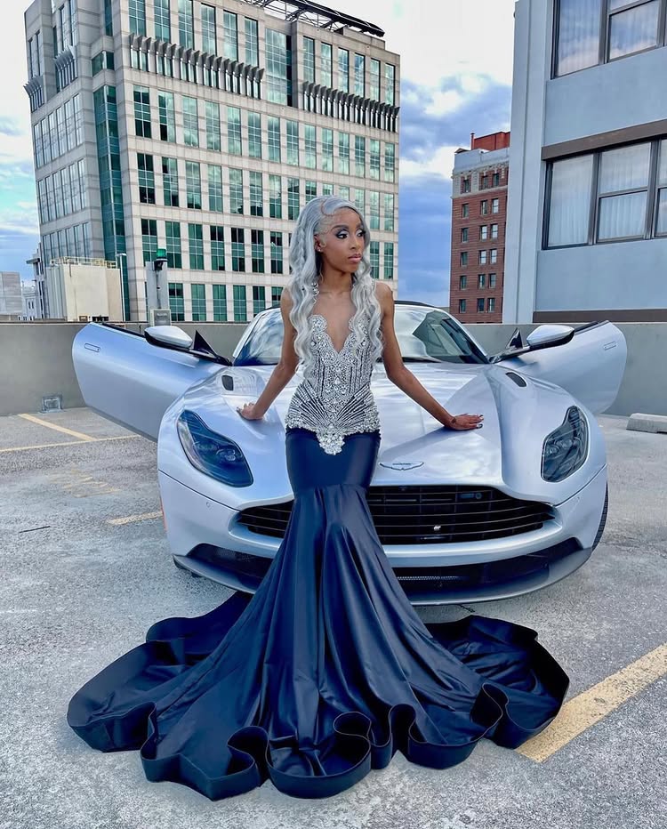 Deep V-Neck Off-Shoulder Straps Beaded Sweep Train Mermaid Prom Dress for Black Girl Slay