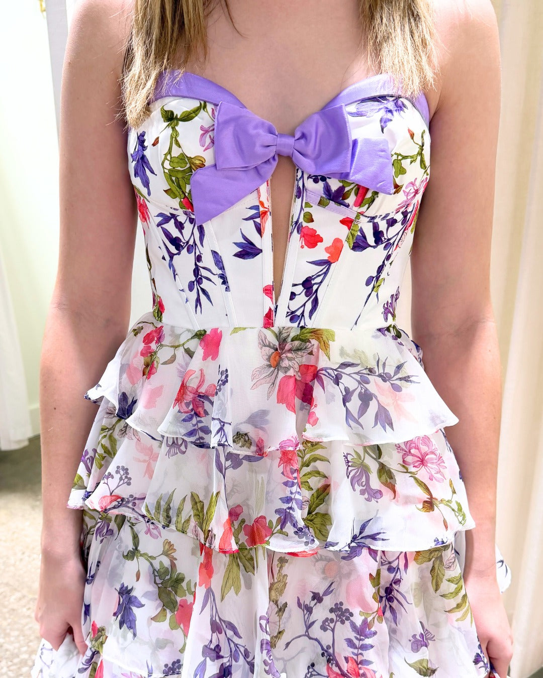 Off-Shoulder Sweetheart Floor-Length Print-Chiffon Pleated Tiered A-Line Prom Dress