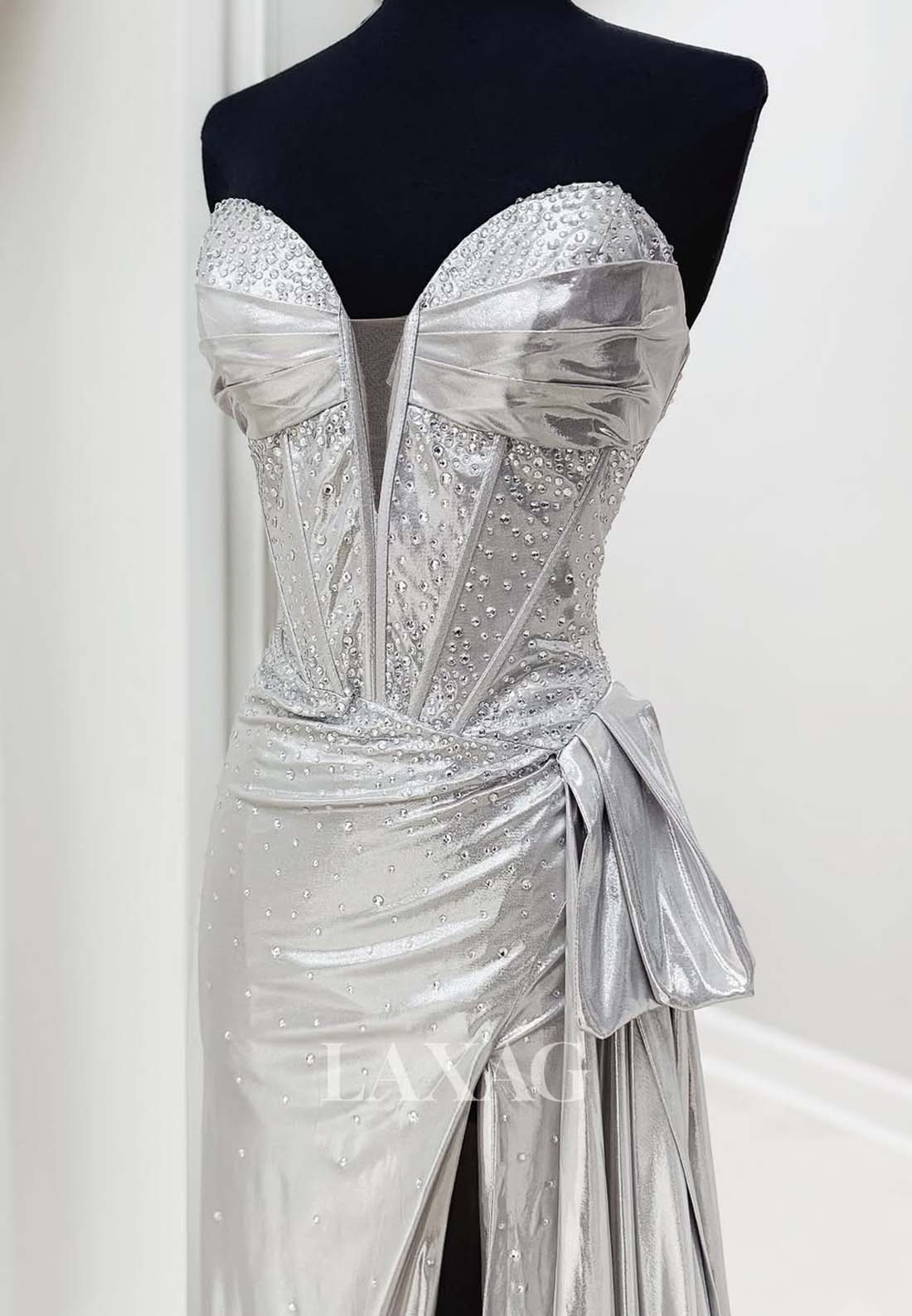 Sweetheart Off-Shoulder Sleeveless Pleated Beaded Metallic-Satin Mermaid Prom Dress with High Slit